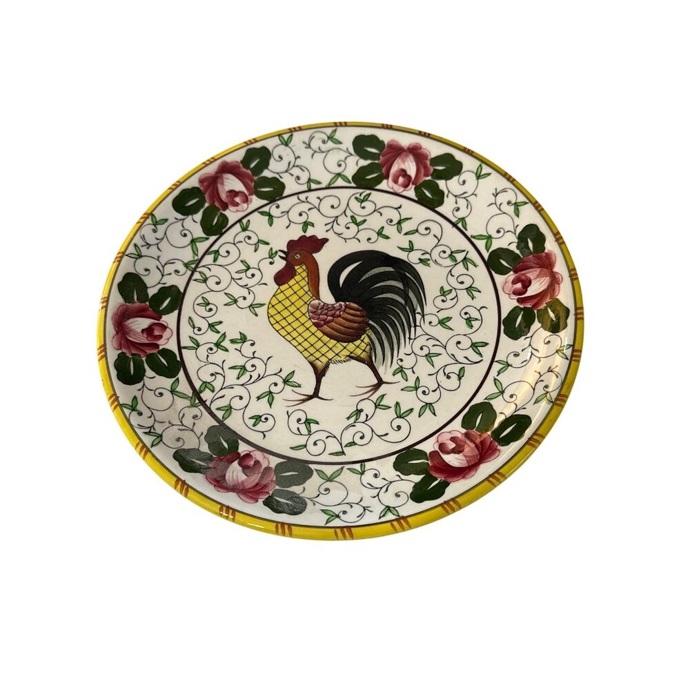 Vintage UCAGCO Hand-Painted Ceramic Rooster& Roses Provincial Plate  9.75 Inch